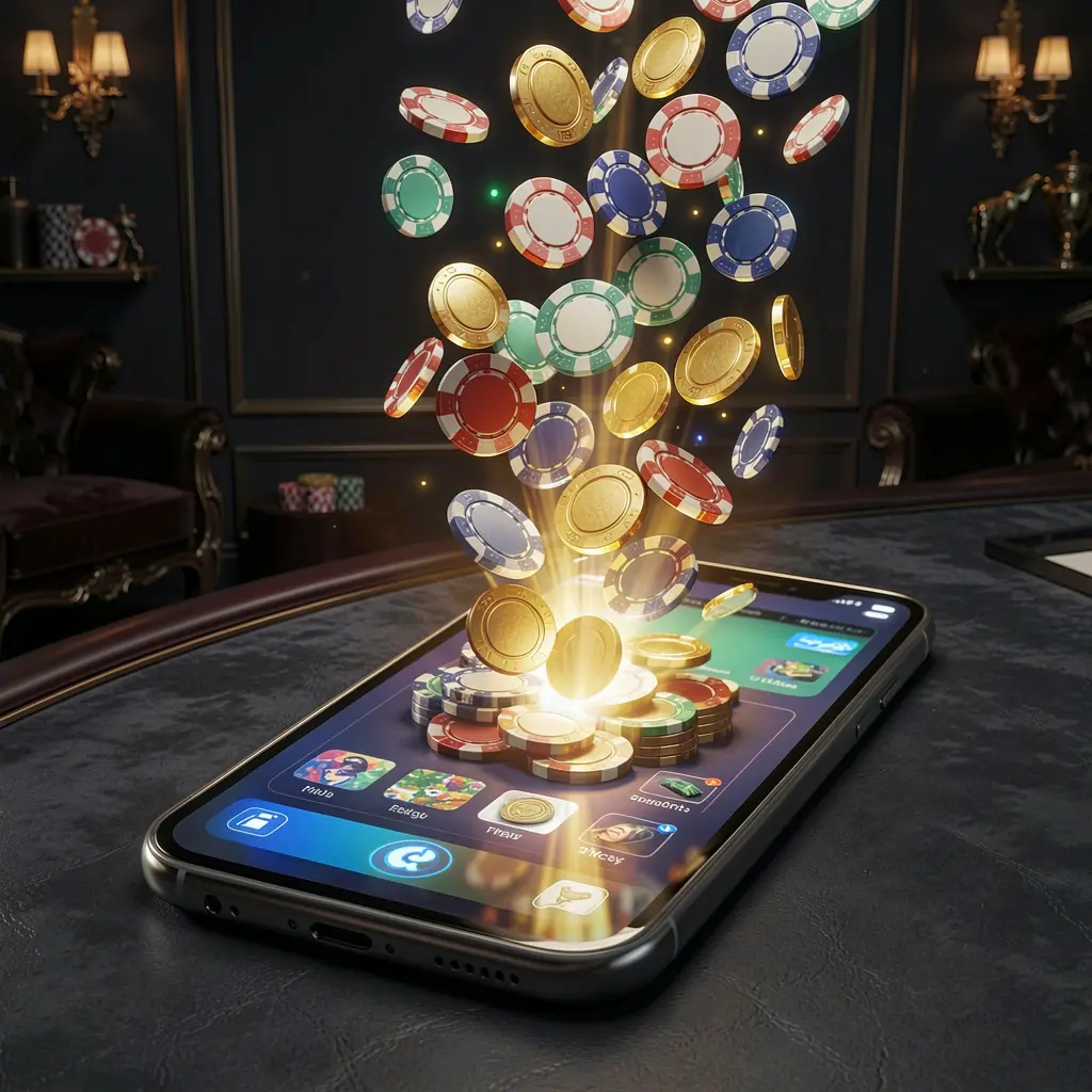 Smartphone screen glowing with casino chips and coins coming out in a luxury dark background, high detail 3D render showcasing the 111KP online gaming app