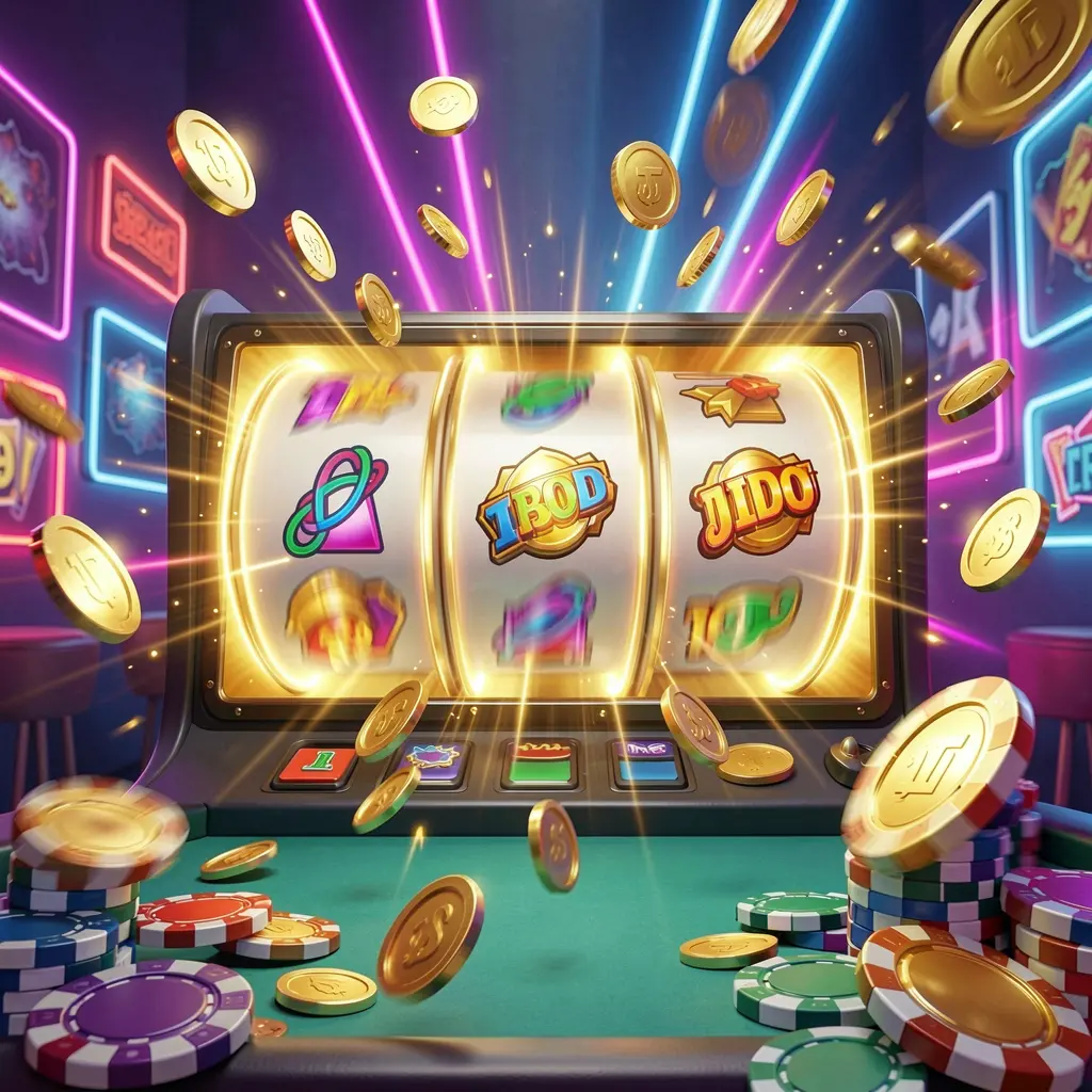 111KP online casino free spins bonus concept featuring colorful slot machine reels spinning with golden light effects, coins flying around, jackpot symbols, and casino chips on a vibrant neon background in a dynamic 3D render