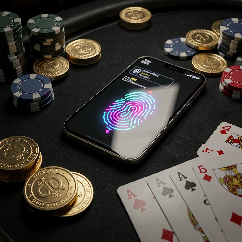 111KP online casino authentication concept showing a phone with fingerprint scan glow on a premium black table surrounded by poker chips, golden coins, and playing cards in a cinematic 3D render