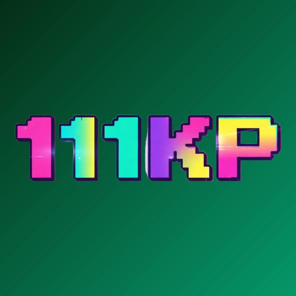 Bold arcade-style horizontal rectangular wordmark logo for 111KP with chunky retro typography in bright pink, turquoise, yellow, and purple colors, creating a vibrant gaming atmosphere on a transparent background