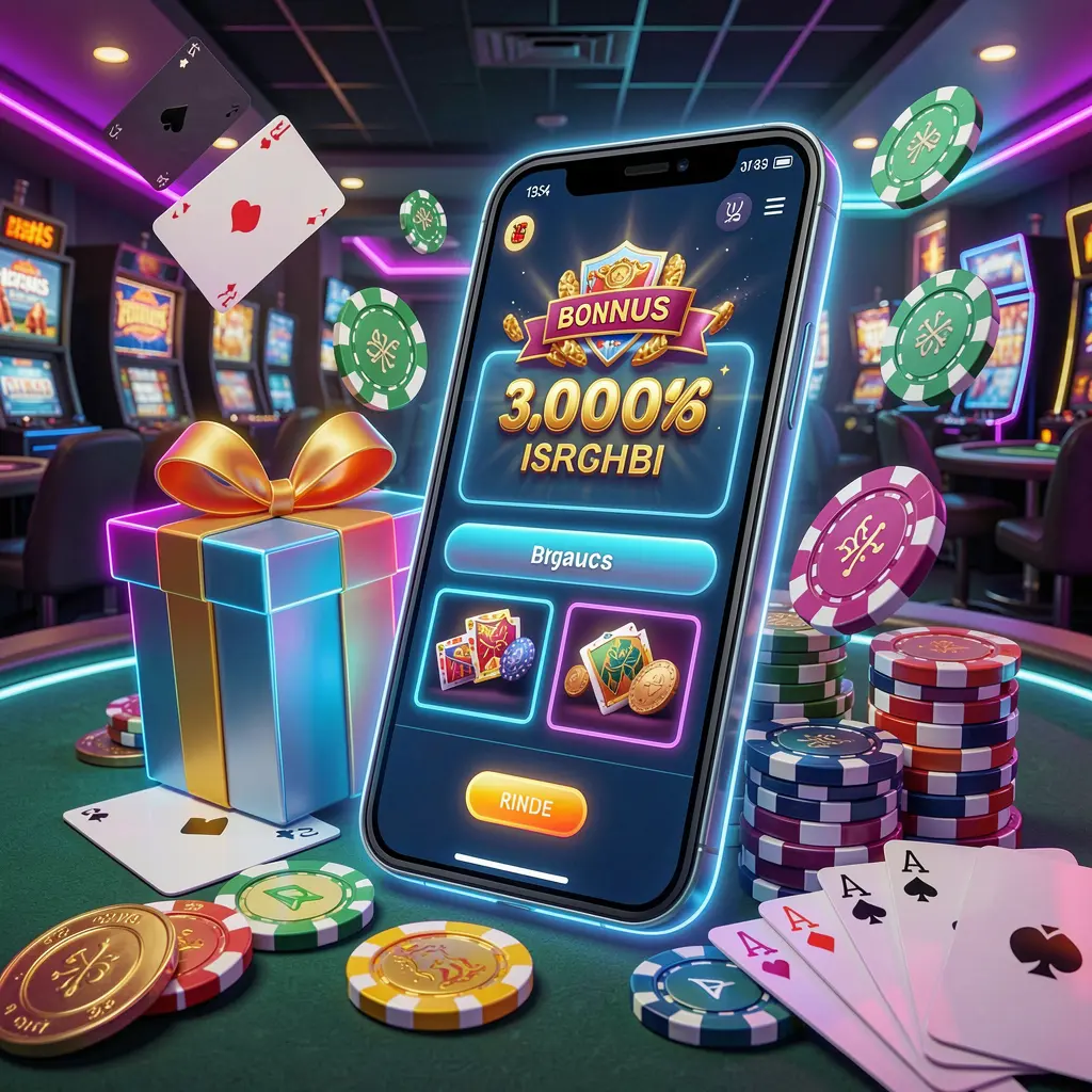 Modern casino website hero scene featuring a smartphone with a glowing interface surrounded by bonus gift box, chips, coins, and playing cards in a premium neon casino style, showcasing 111KP's responsible gaming environment